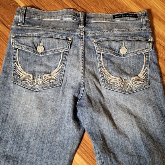 Rock & Republic Womens Size 12 Kendall Denim Jeans 32x25.5‎ Med Wash Embroidered - Picture 9 of 13